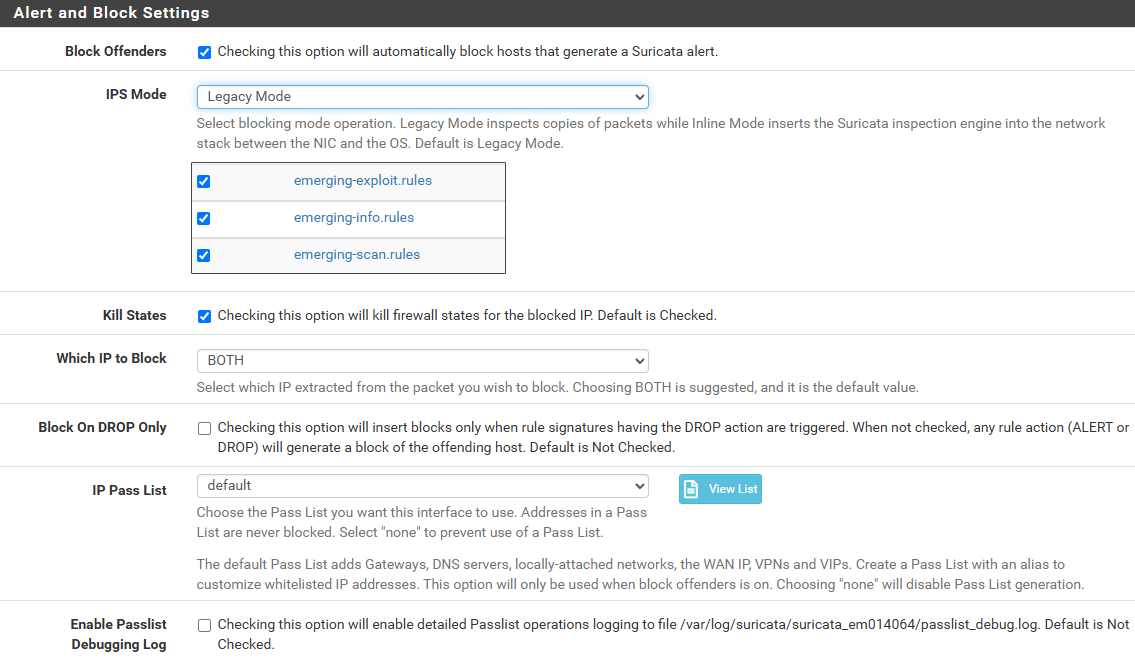Suricata IPS configuration on the pfSense firewall
