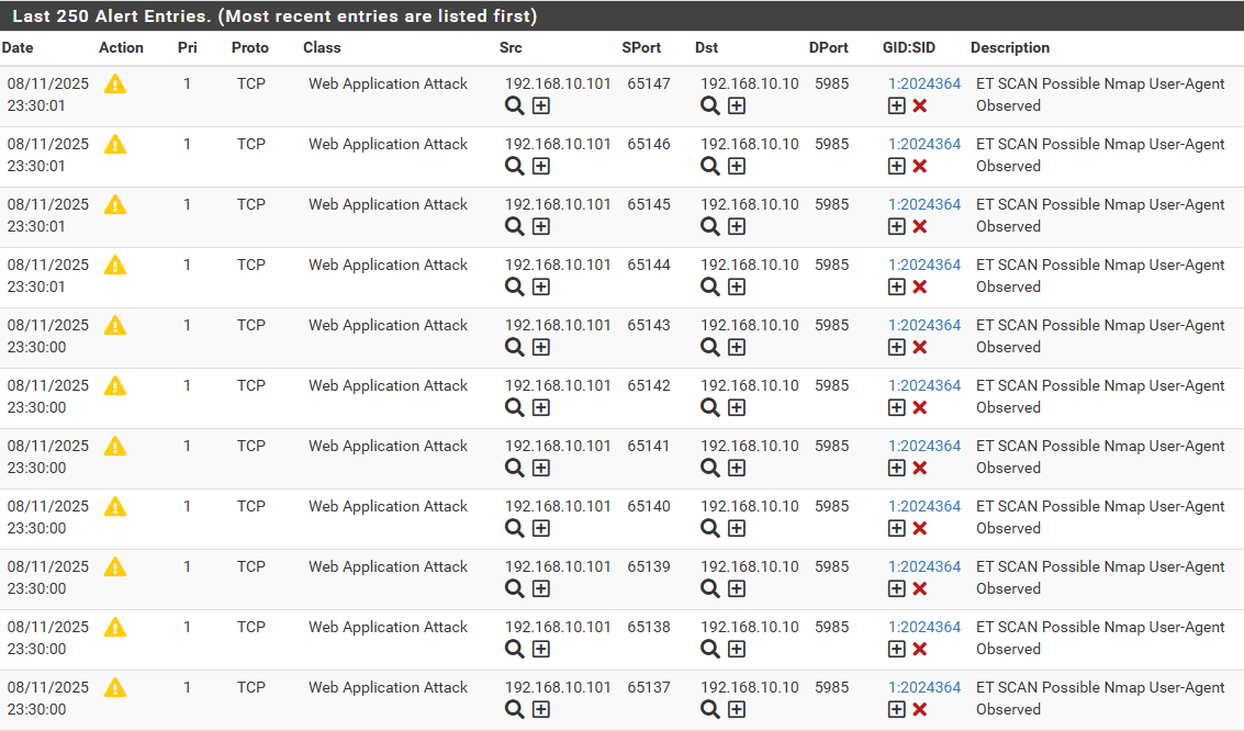 Suricata alerts showing the detected Nmap scan